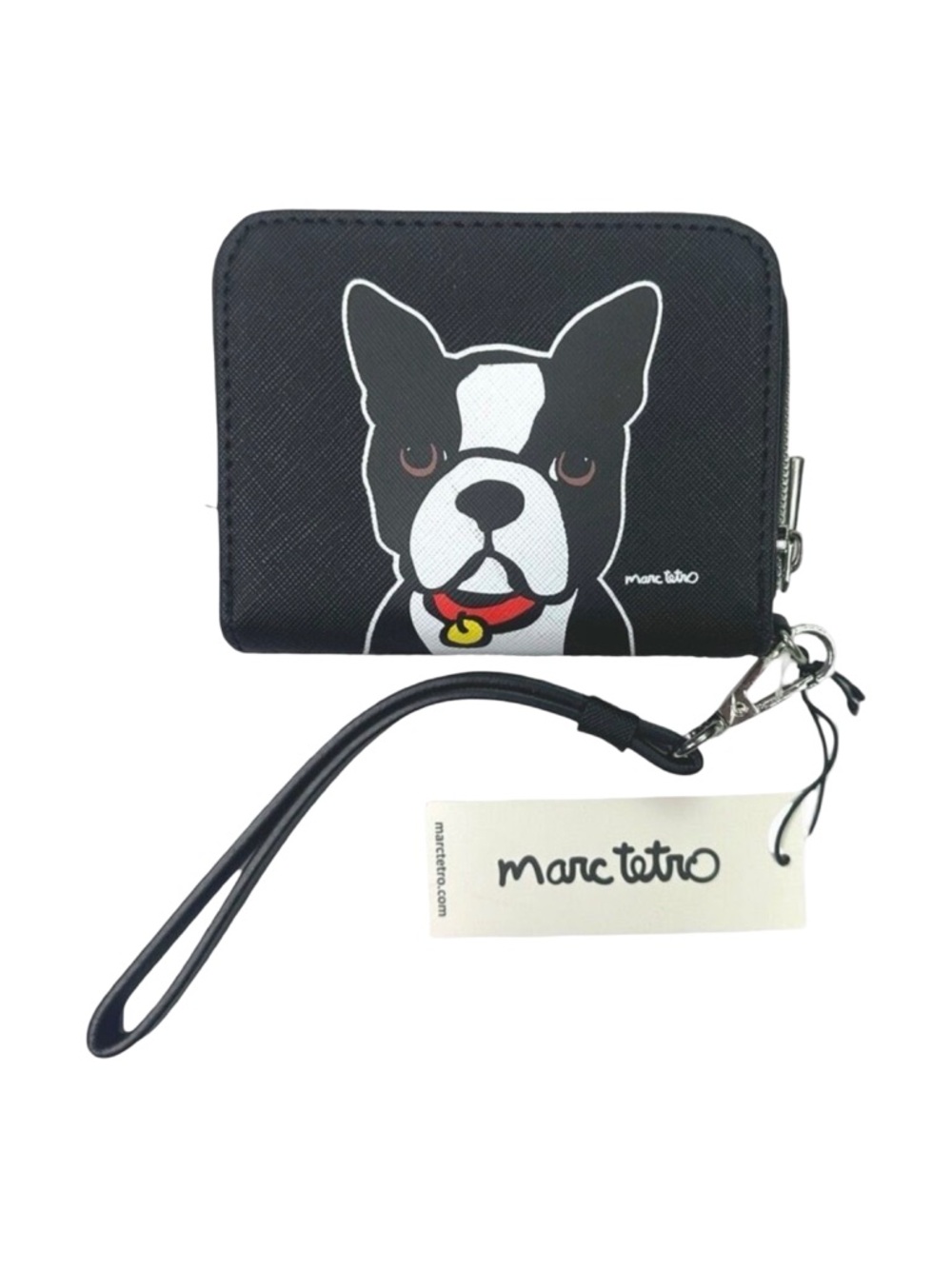 Marc Tetro Boston Terrier Saffiano Leather Zip Around Wristlet - 4.75” x 3.75”